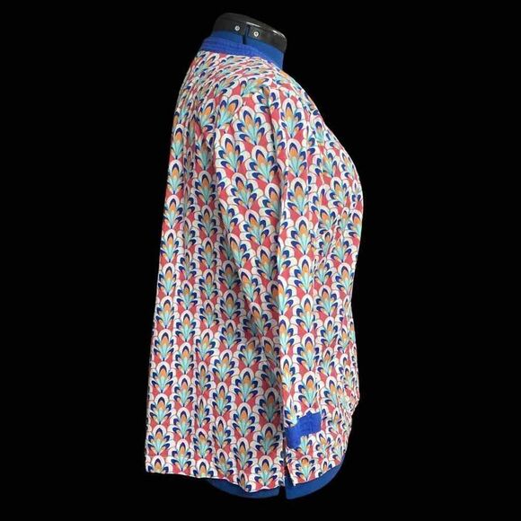 TALBOTS Multicolored Peacock Print Tunic Top Blouse Size Large Petite V-Neck - Picture 10 of 11